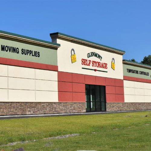 the front office and facade of a self storage facility