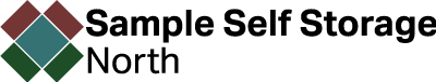 logo artwork that displays an open box with the words Sample Self Storage North in block letter next to the box